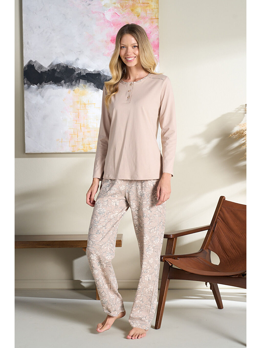 Ekru Büyük Beden Kadın Penye Uzun Kol Pijama Takımı 3123 Krem-1