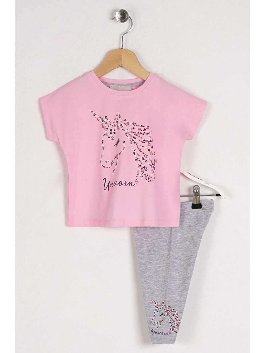 Bisiklet Yaka Yarım Kol Pembe Gri Renk Kız Çocuk Taytlı Takım-2