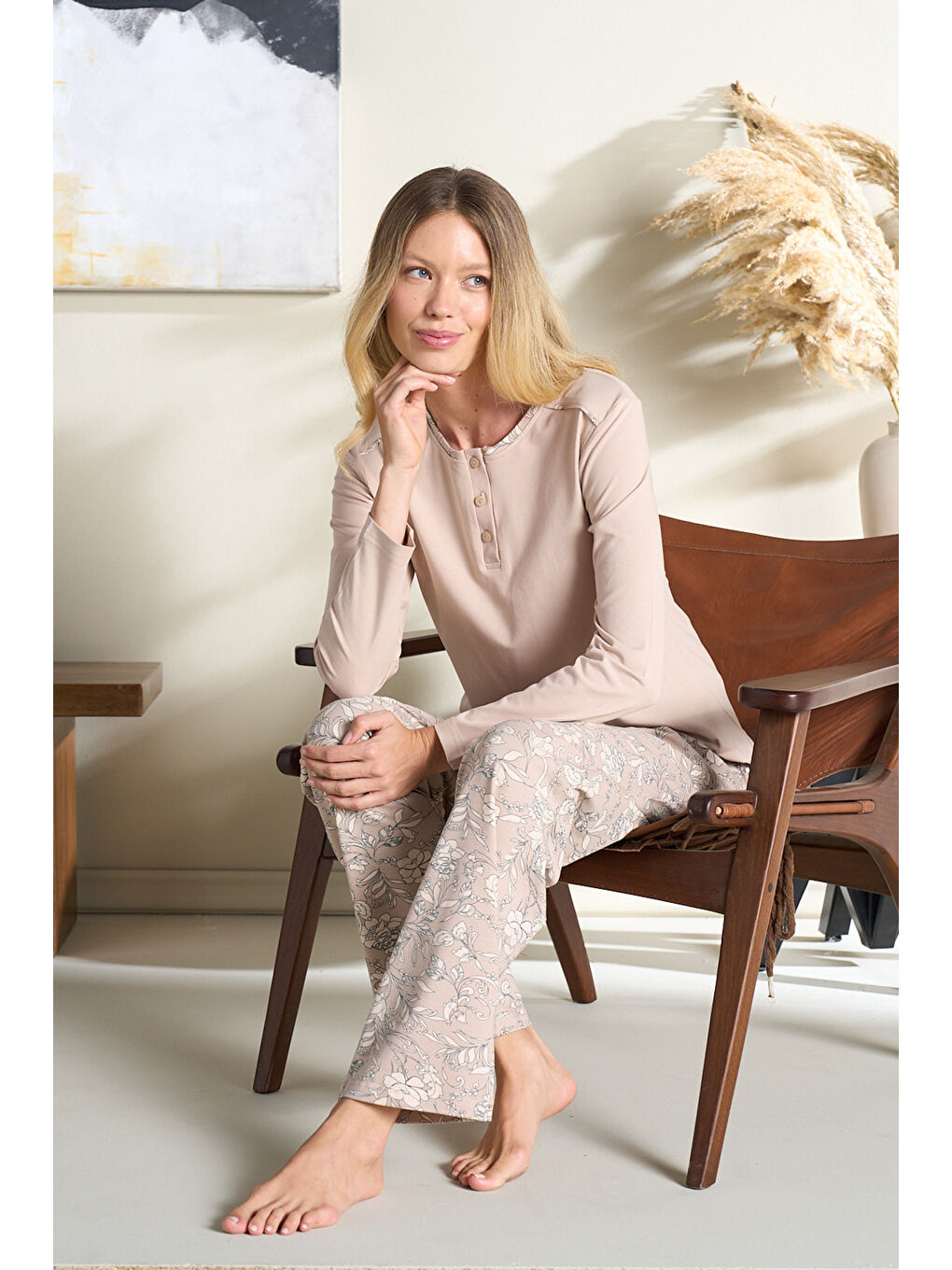 Ekru Büyük Beden Kadın Penye Uzun Kol Pijama Takımı 3123 Krem-2