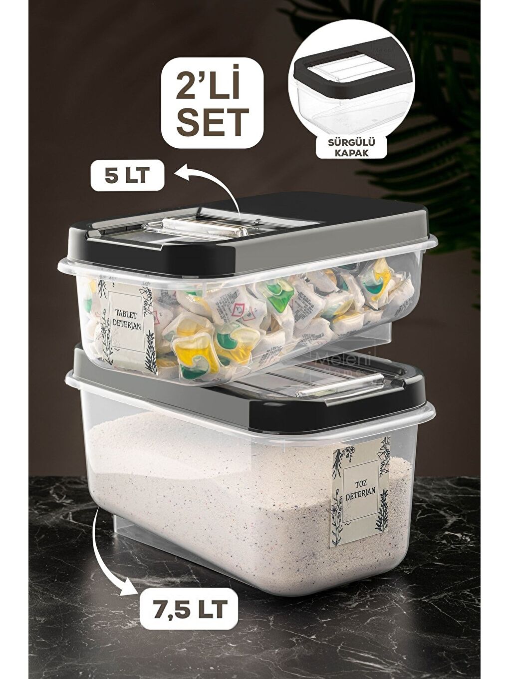 2'li Kayar Kapaklı Tablet Deterjan Saklama Kutusu etiketli Deterjan Saklama Kabı 5lt 7 5lt Antrasit