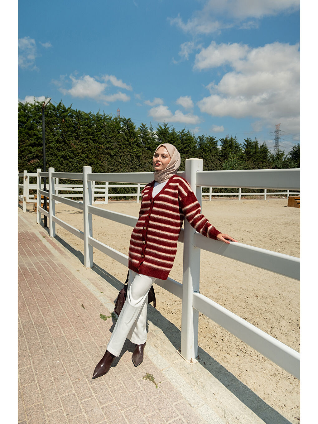 Kadın Çizgili Uzun Triko Ceket Bordo-3