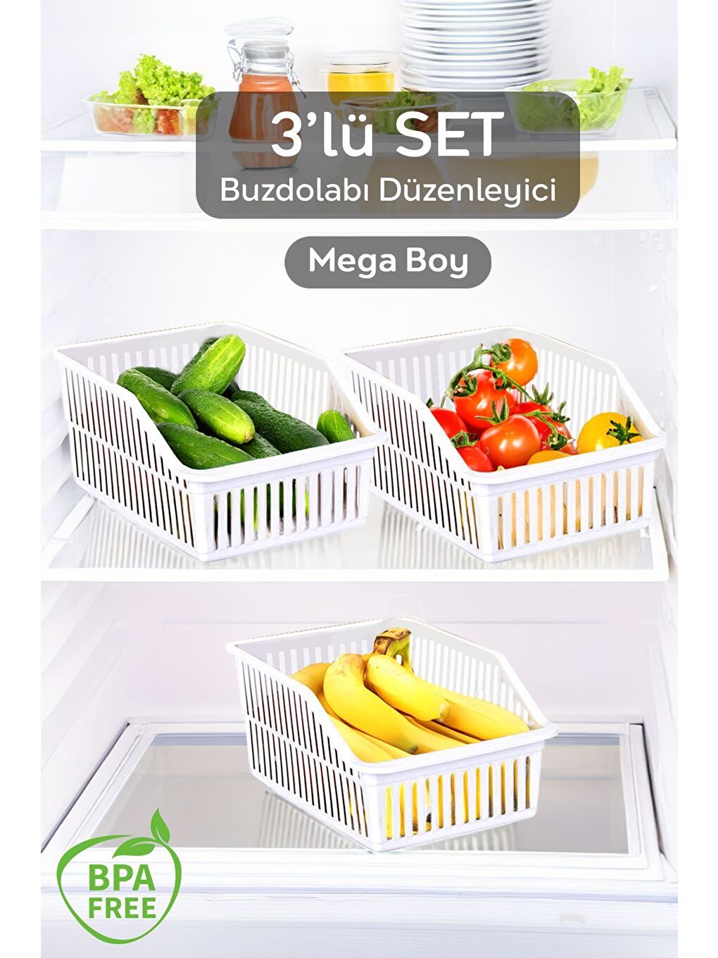 Beyaz 3 Adet Mega Boy Buzdolabı Dolap İçi Düzenleyici Organizer Büyük Boy Buzdolabı Düzenleyici