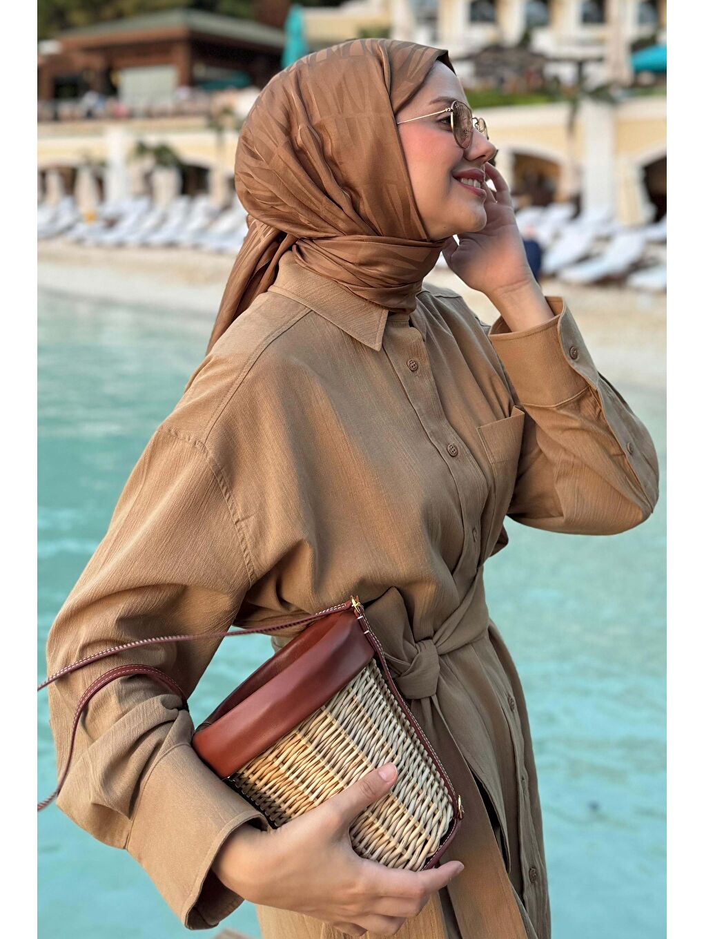 Kahverengi Kuşaklı Gömlek Elbise Sütlü Kahve-1