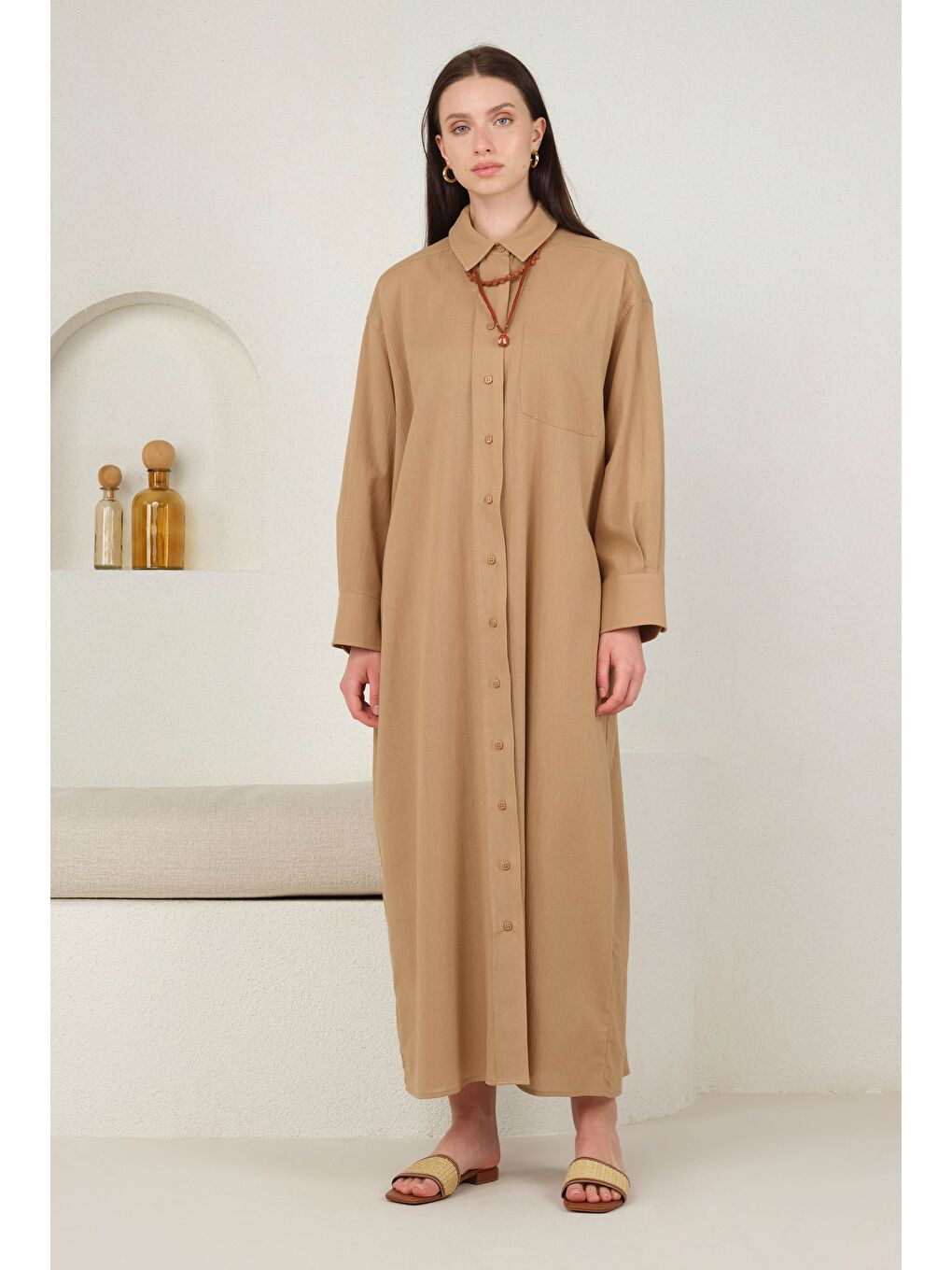 Kahverengi Kuşaklı Gömlek Elbise Sütlü Kahve-2