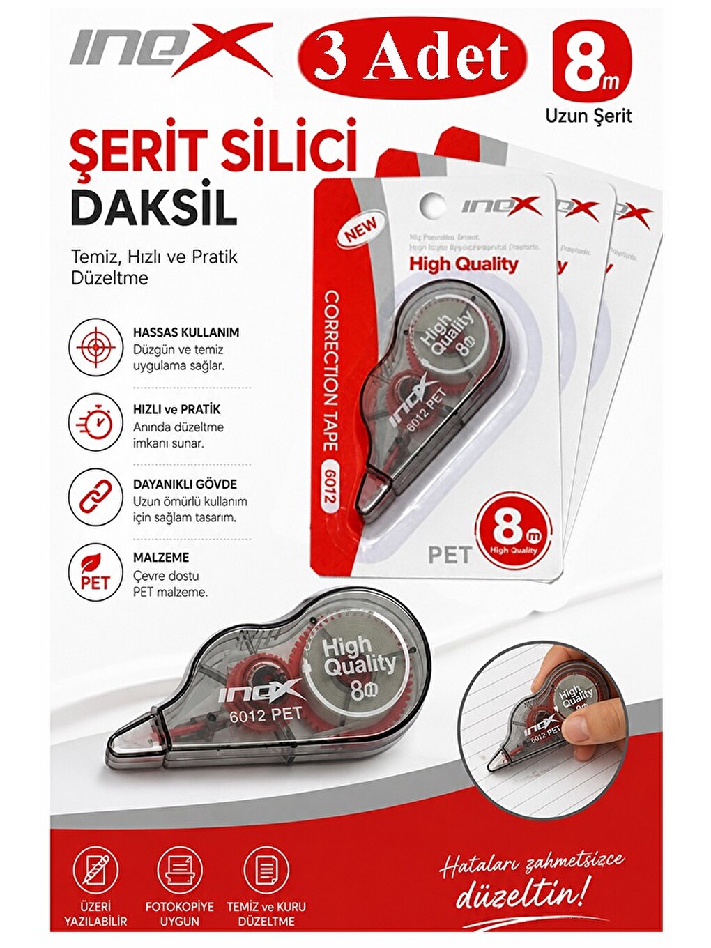Şerit Daksil Beyaz 5mmx8 Metre 3 Adet İnox Şerit Düzeltici Şerit Silici Yazı Silici Büro Ofis Okul