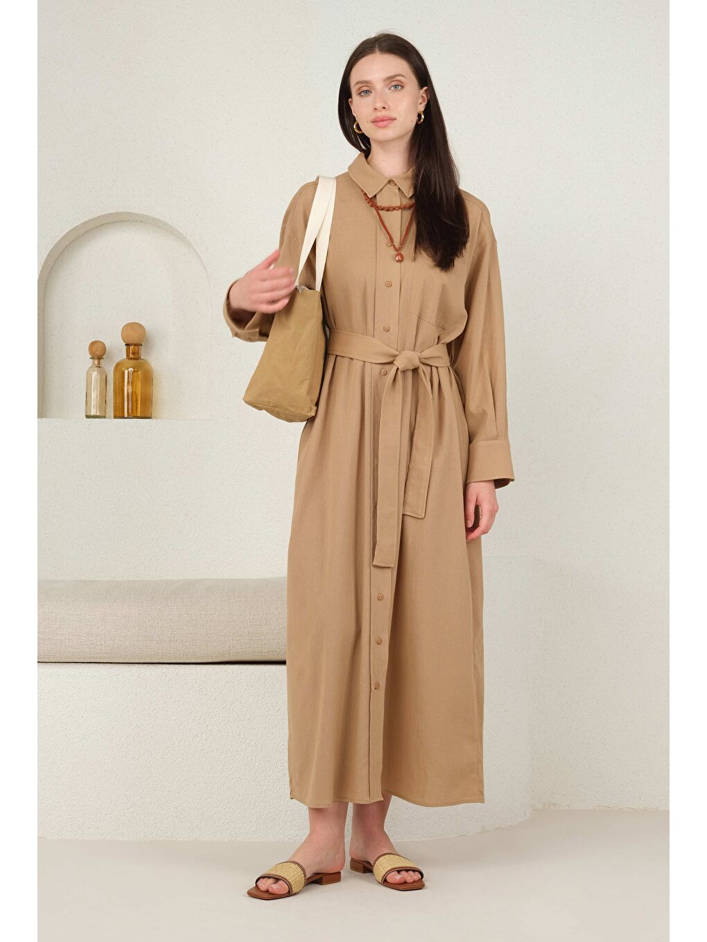 Kahverengi Kuşaklı Gömlek Elbise Sütlü Kahve-3