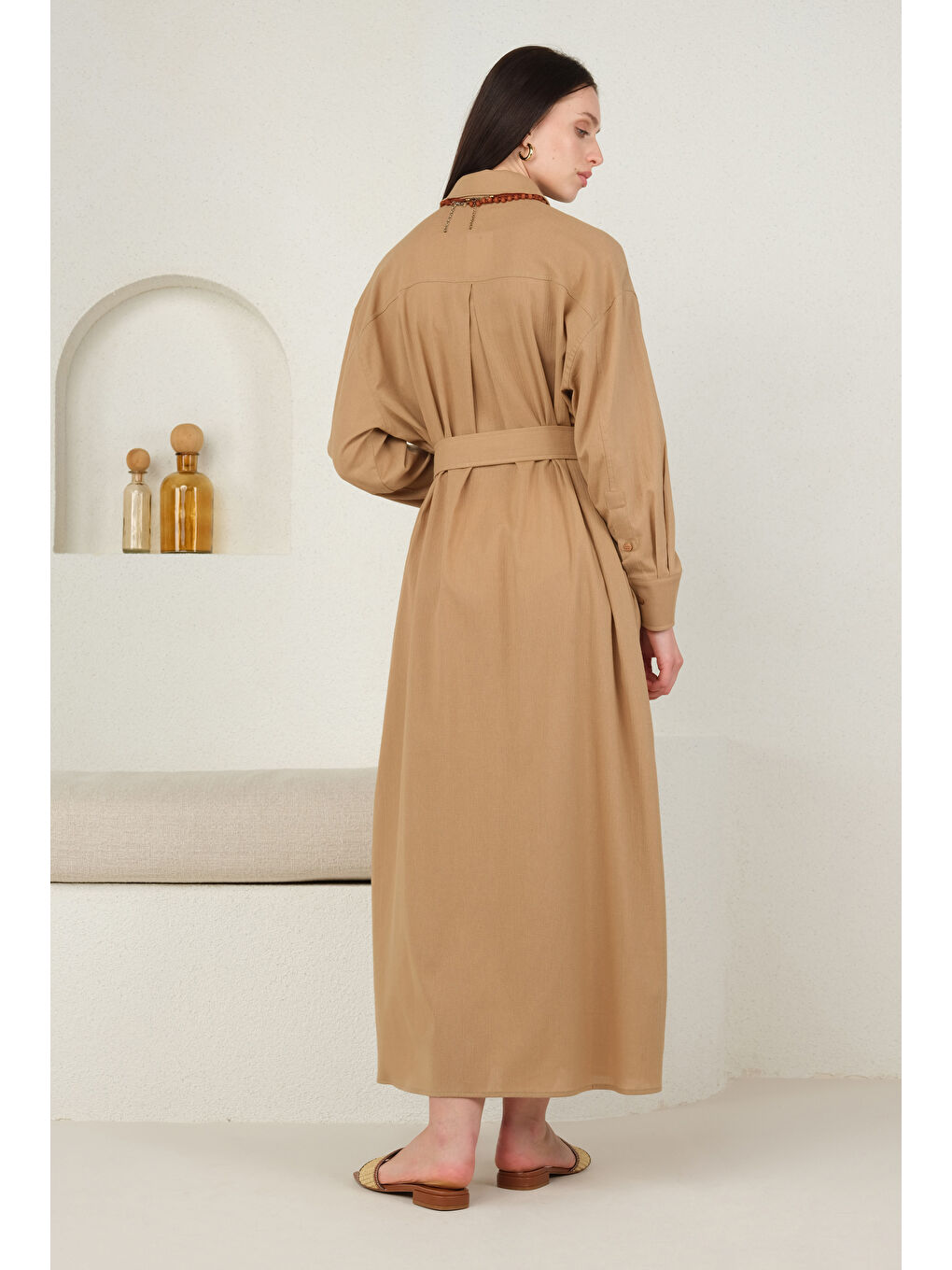 Kahverengi Kuşaklı Gömlek Elbise Sütlü Kahve-4