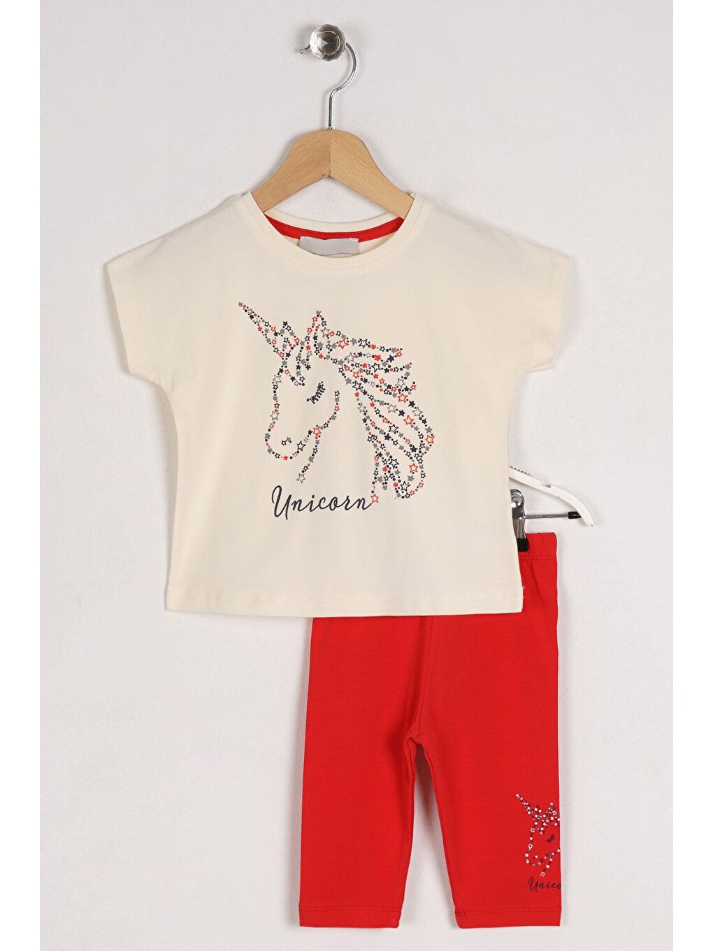 Bisiklet Yaka Yarım Kol Ekru Kırmızı Renk Kız Çocuk Taytlı Takım