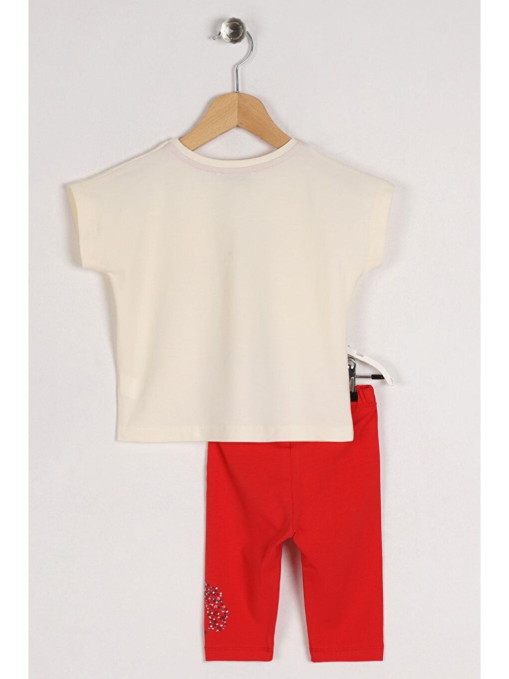 Bisiklet Yaka Yarım Kol Ekru Kırmızı Renk Kız Çocuk Taytlı Takım-1