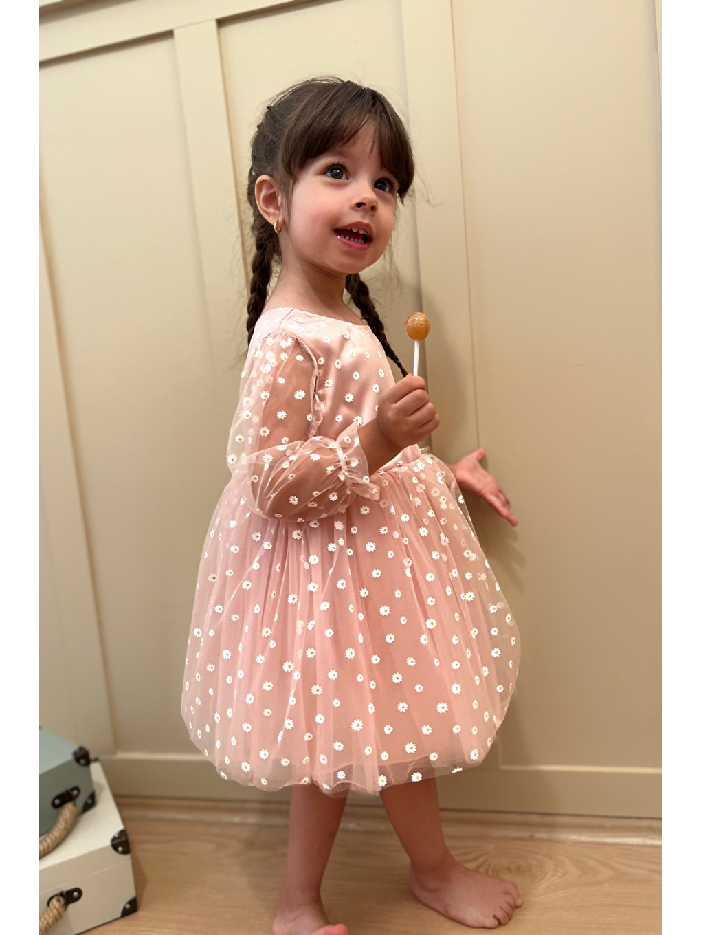 Pembe Çiçek Desenli Tül Etekli Uzun Kollu Kız Çocuk Kız Bebek Elbise-2