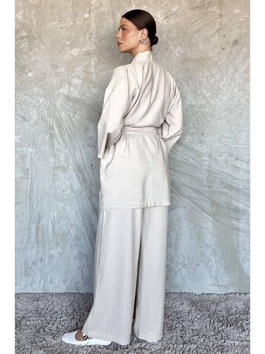 Bej Taşlı Kimono Pantolon İkili Takım-1