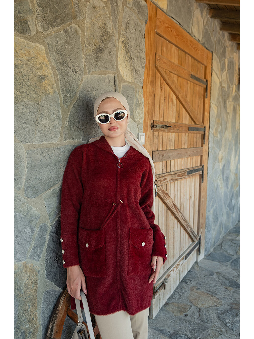 Kadın Kapüşonlu Triko Ceket Bordo-1