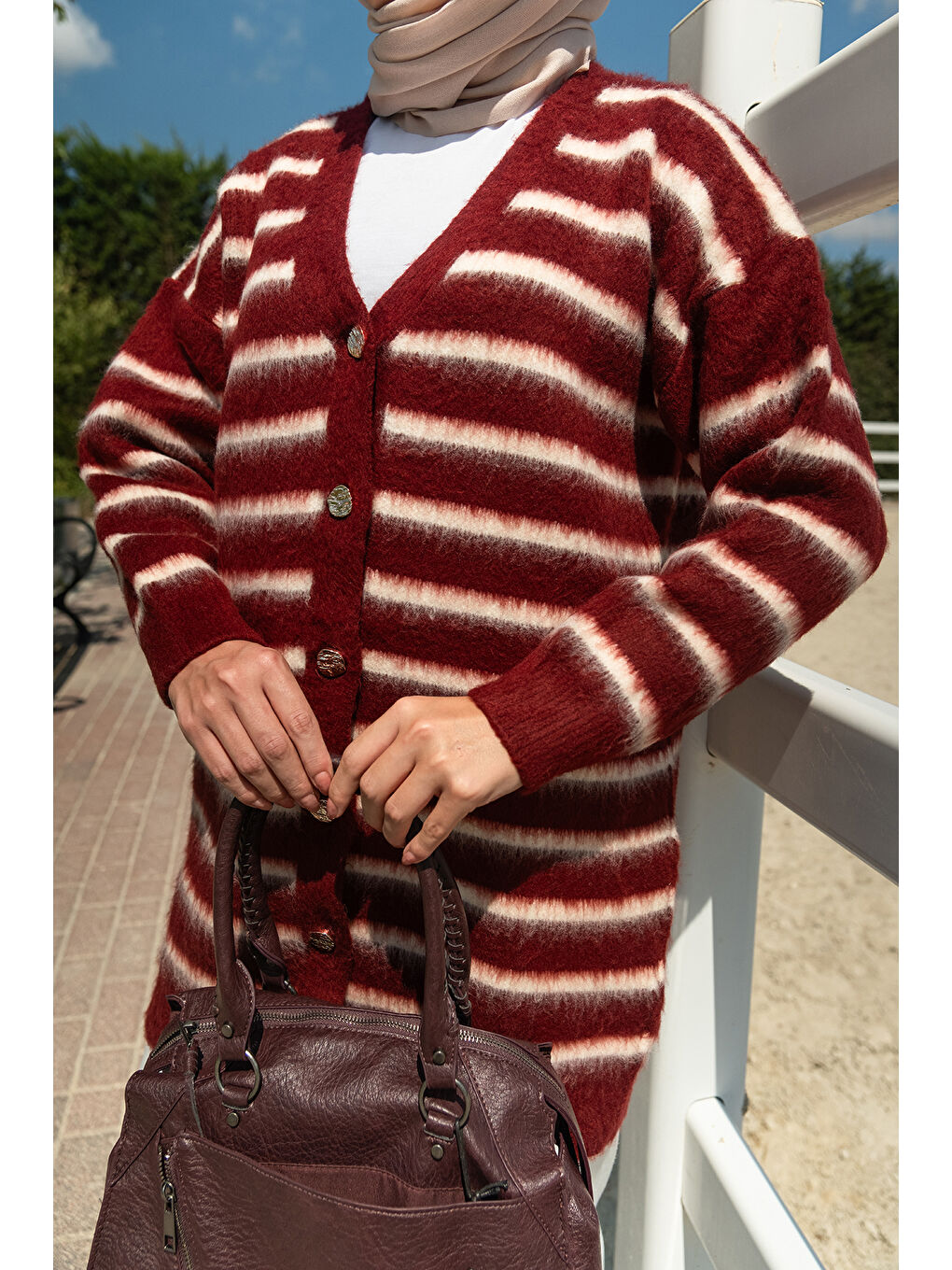 Kadın Çizgili Uzun Triko Ceket Bordo-4