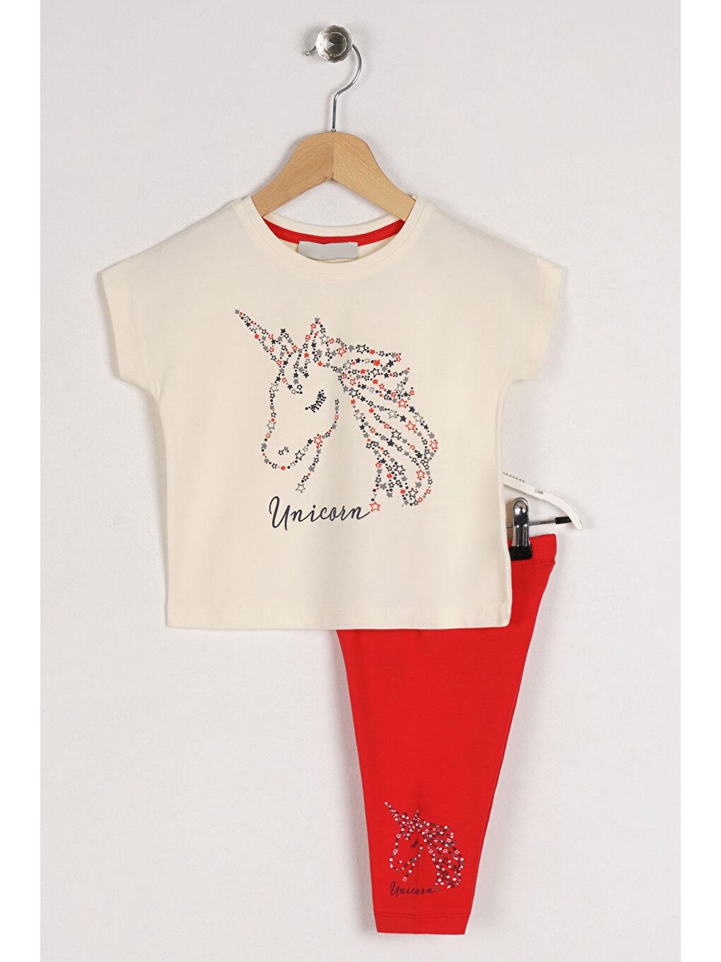 Bisiklet Yaka Yarım Kol Ekru Kırmızı Renk Kız Çocuk Taytlı Takım-2