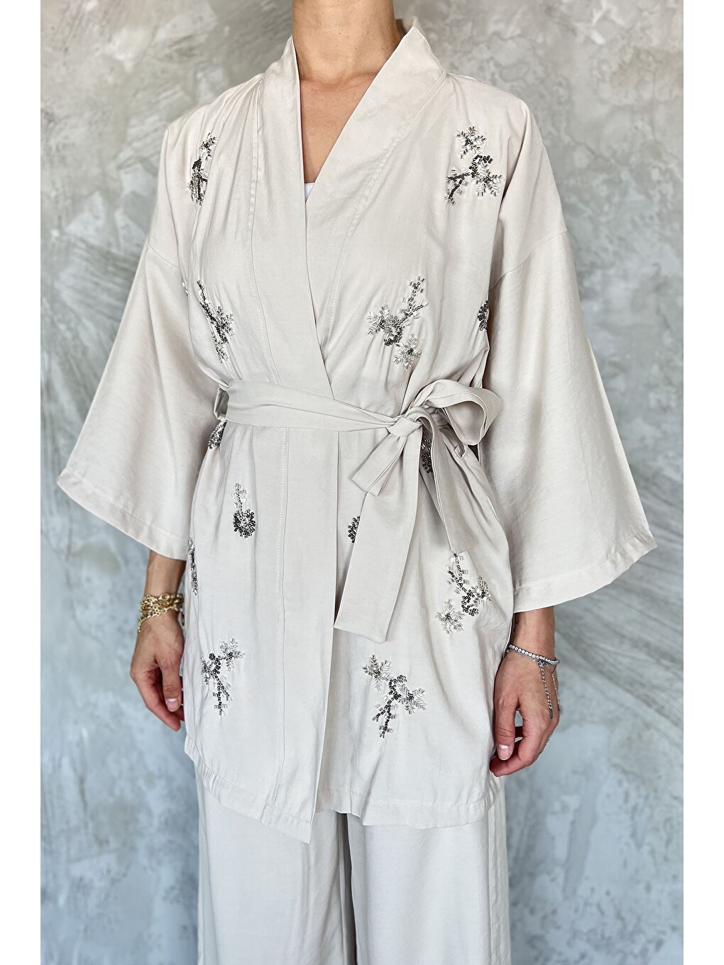 Bej Taşlı Kimono Pantolon İkili Takım-2