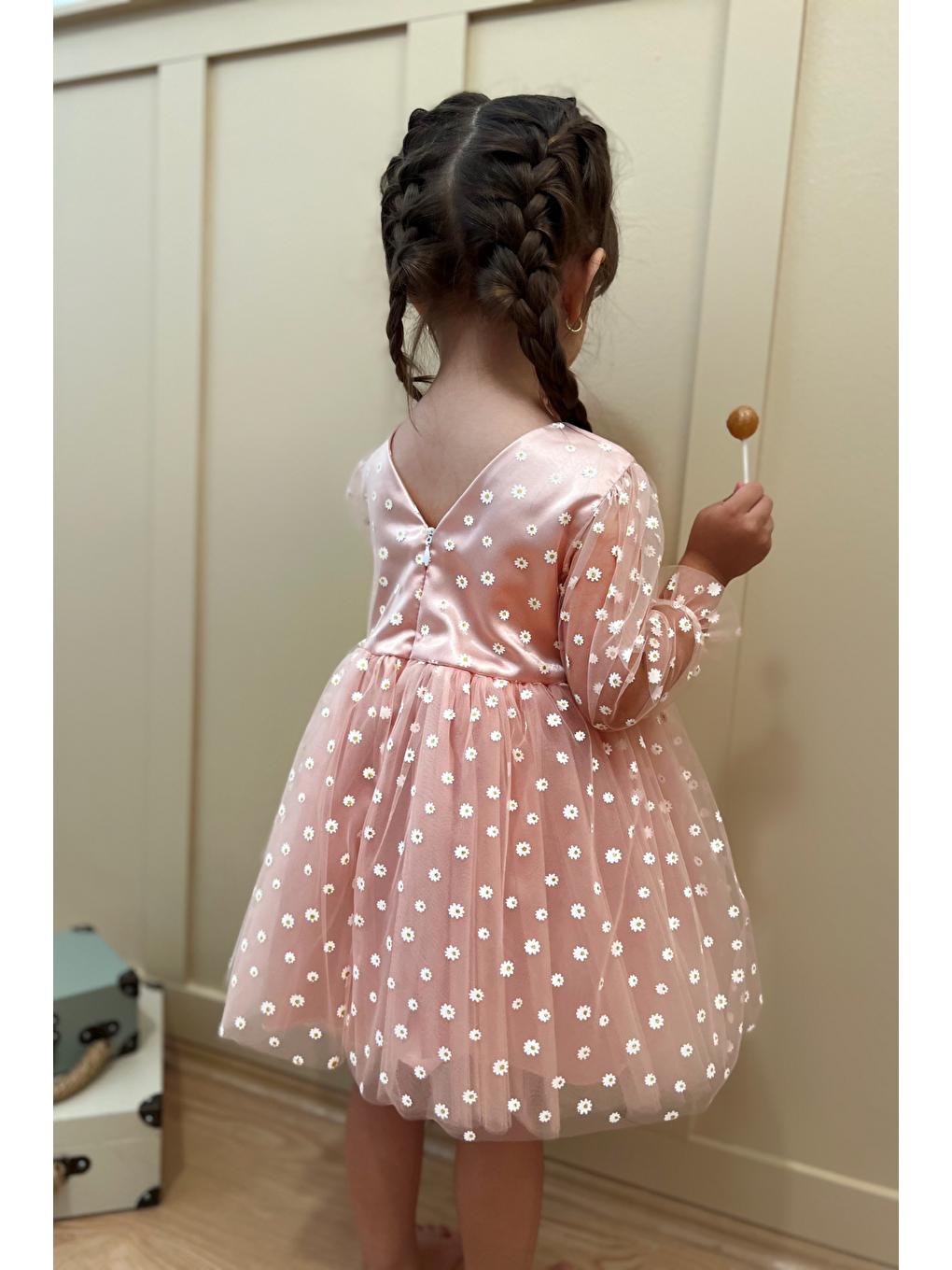 Pembe Çiçek Desenli Tül Etekli Uzun Kollu Kız Çocuk Kız Bebek Elbise-5