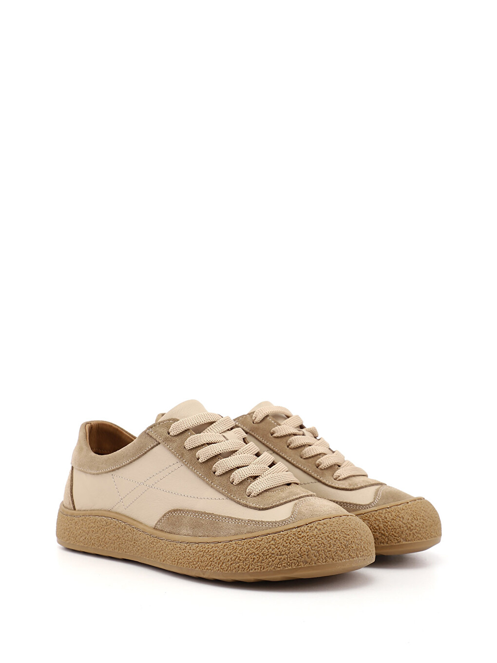 Bej Kadın Açık Nude Bağcıklı Hakiki Deri Sneaker-1