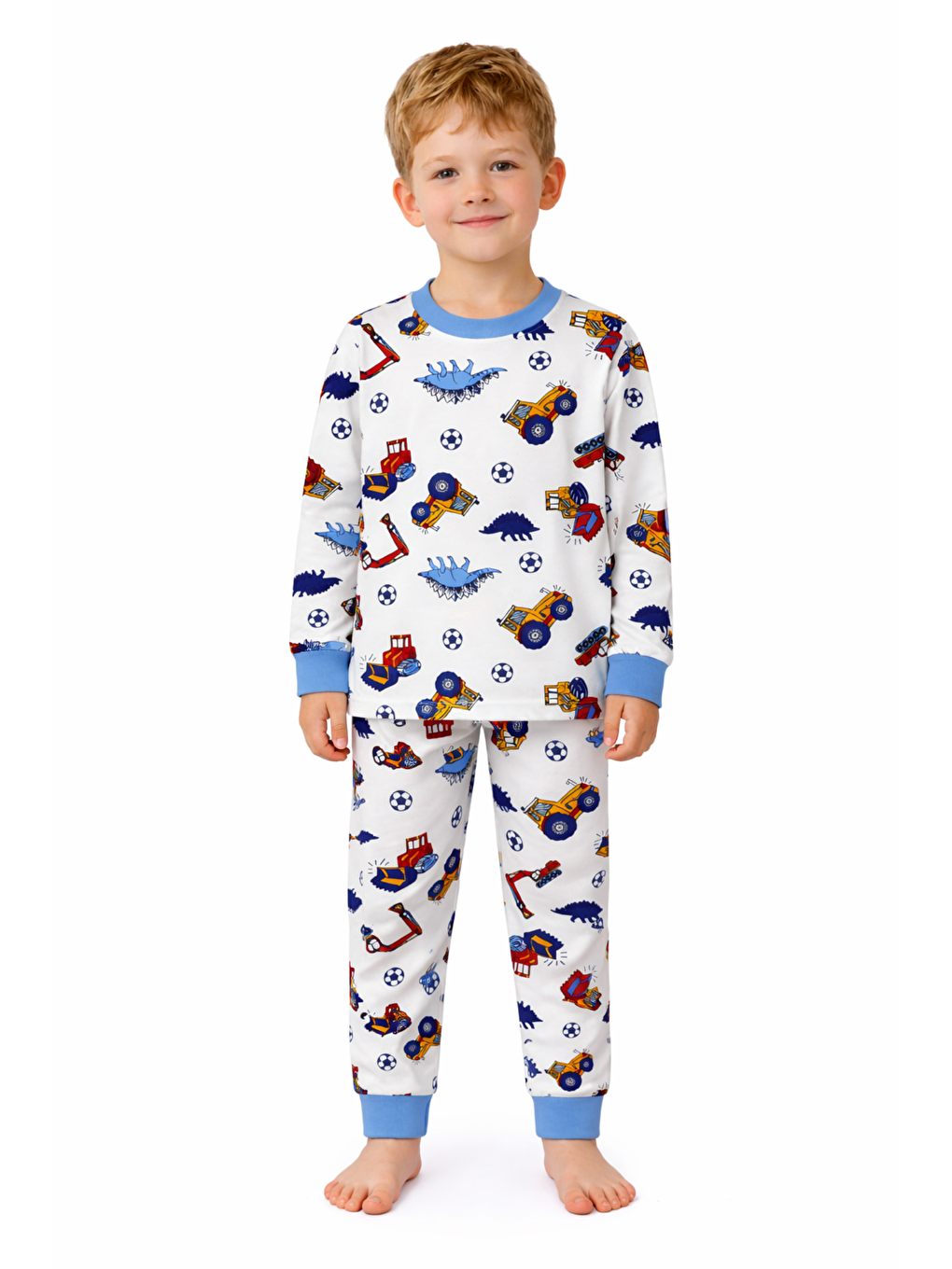 Mavi Erkek Çocuk %100 Doğal Pamuk Yüksek Kalite Uzun Kollu Manşetli Pijama Takımı-3