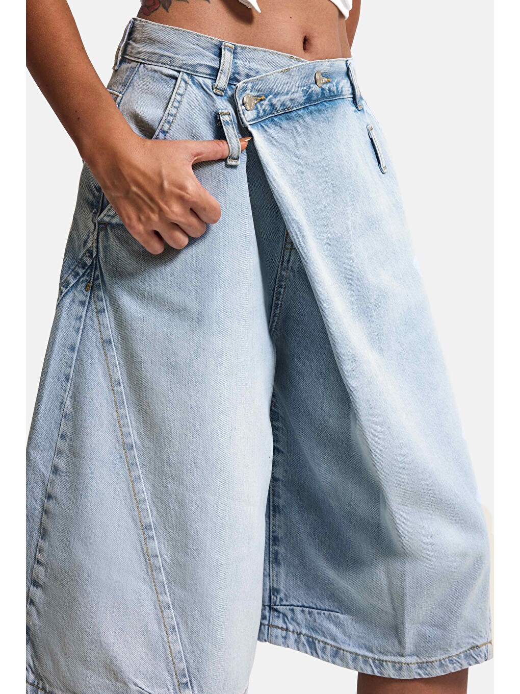 Mavi Kadın Jean Rengi 4s6-3 Süper Baggy Fit Maxi Bermuda Tasarım Denim Jort-2