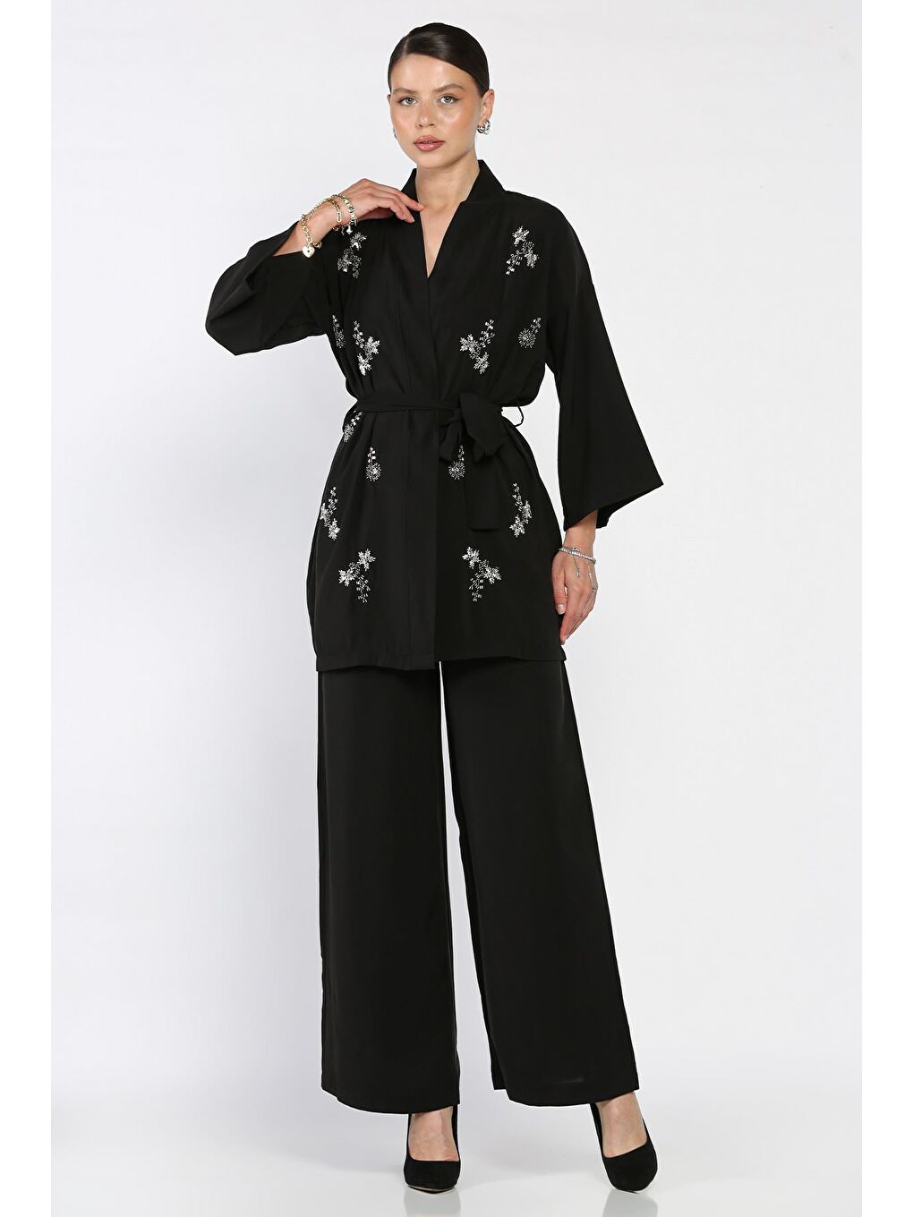 Siyah Taşlı Kimono Pantolon İkili Takım-1