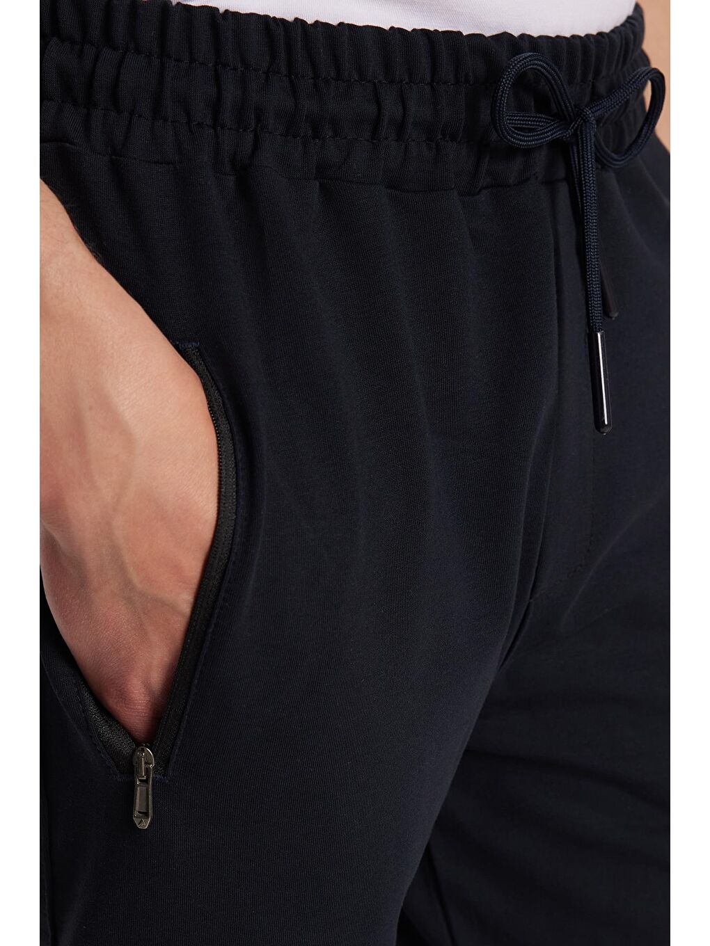 Unisex Standart Fit Pamuklu 2 İplik Fermuar Cepli Lastikli Bağlamalı Düz Paça Lacivert Eşofman Altı-1