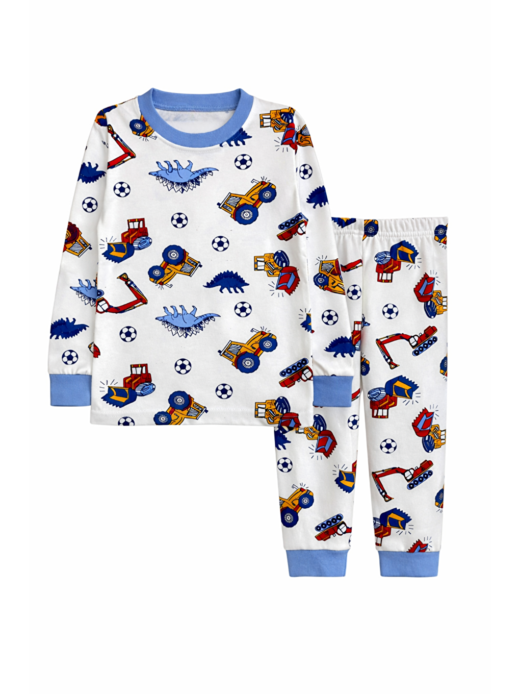 Mavi Erkek Çocuk %100 Doğal Pamuk Yüksek Kalite Uzun Kollu Manşetli Pijama Takımı-4