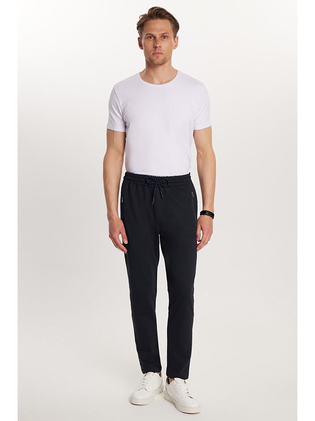 Unisex Standart Fit Pamuklu 2 İplik Fermuar Cepli Lastikli Bağlamalı Düz Paça Lacivert Eşofman Altı-2