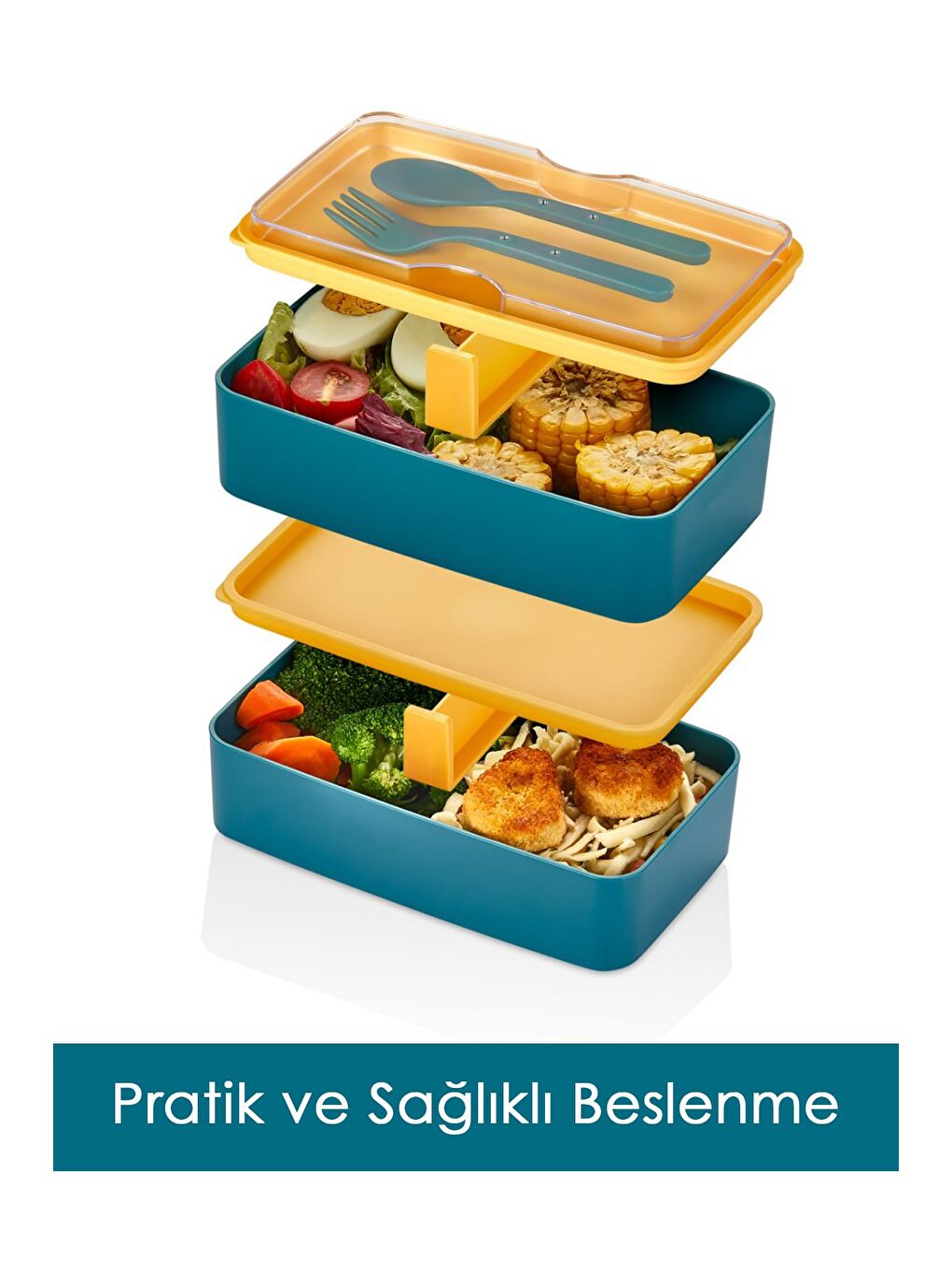 2 Katlı Ayarlanabilir Dikdörtgen Beslenme Kabı Çatal Kaşık Servisli Yemek Saklama Kutusu Yeşil-2