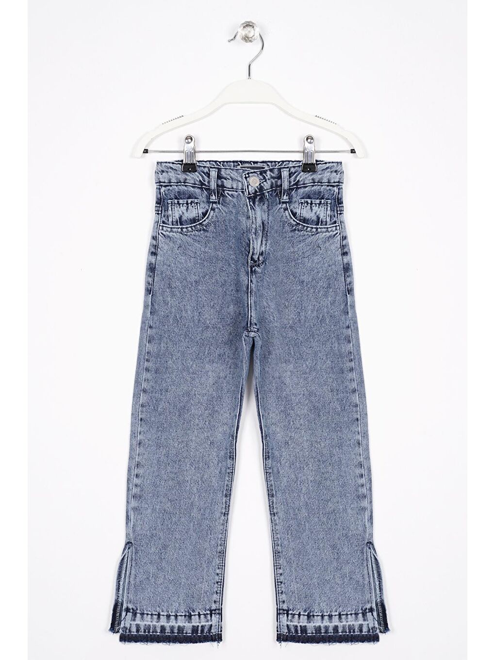 Mavi Yüksek Bel Paçası Yırtmaçlı Kız Çocuk Jean Pantolon