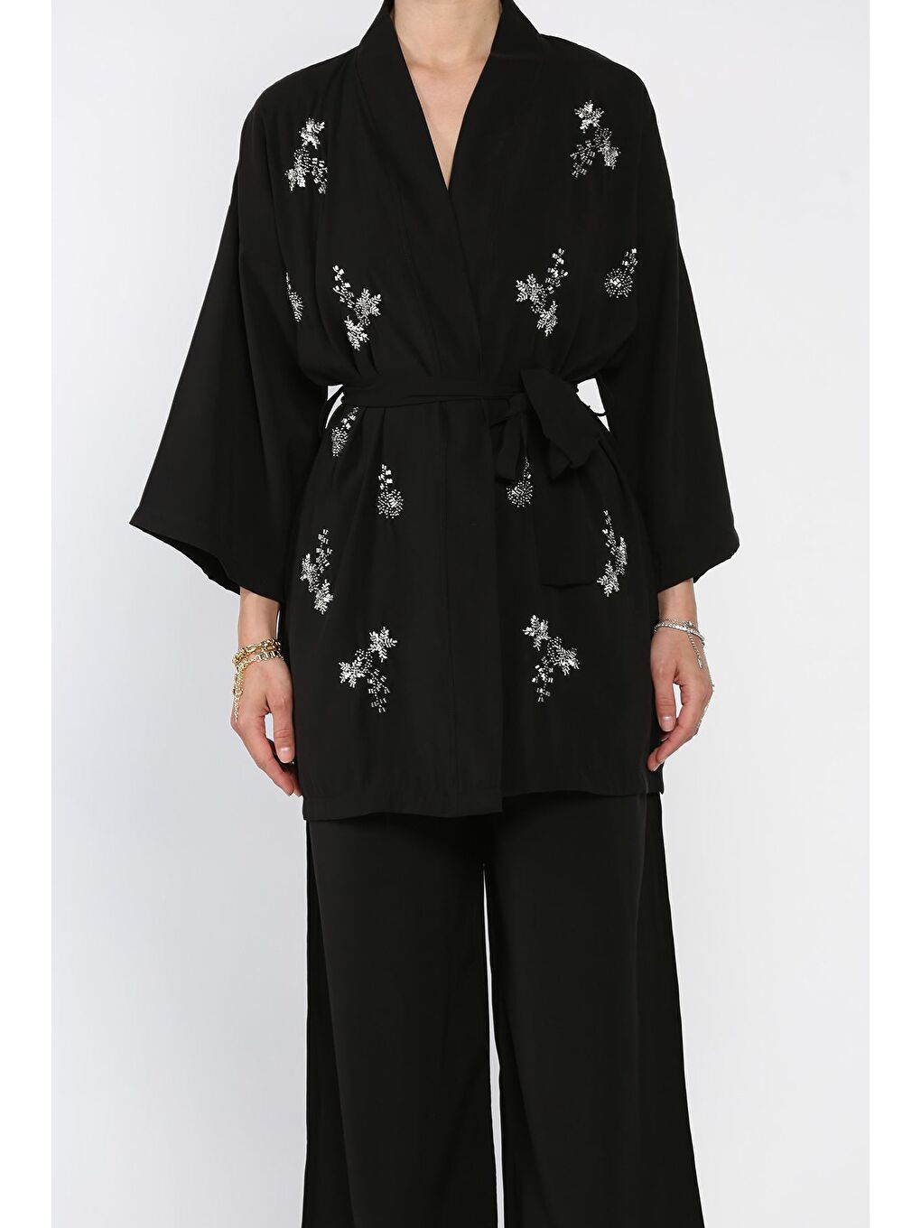 Siyah Taşlı Kimono Pantolon İkili Takım-3