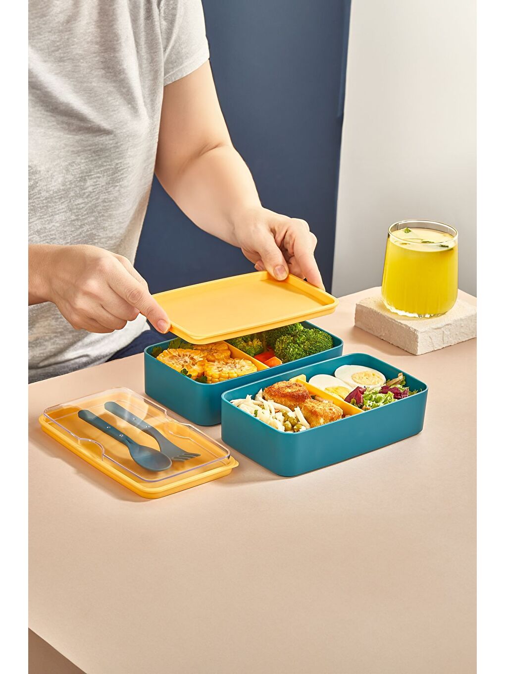2 Katlı Ayarlanabilir Dikdörtgen Beslenme Kabı Çatal Kaşık Servisli Yemek Saklama Kutusu Yeşil-5