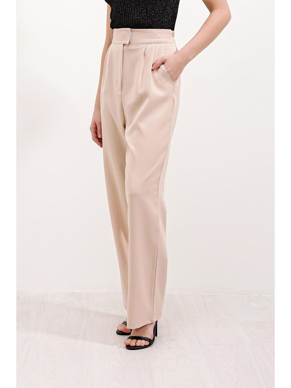 6612 Yüksek Bel Kumaş Pantolon - Bej-1