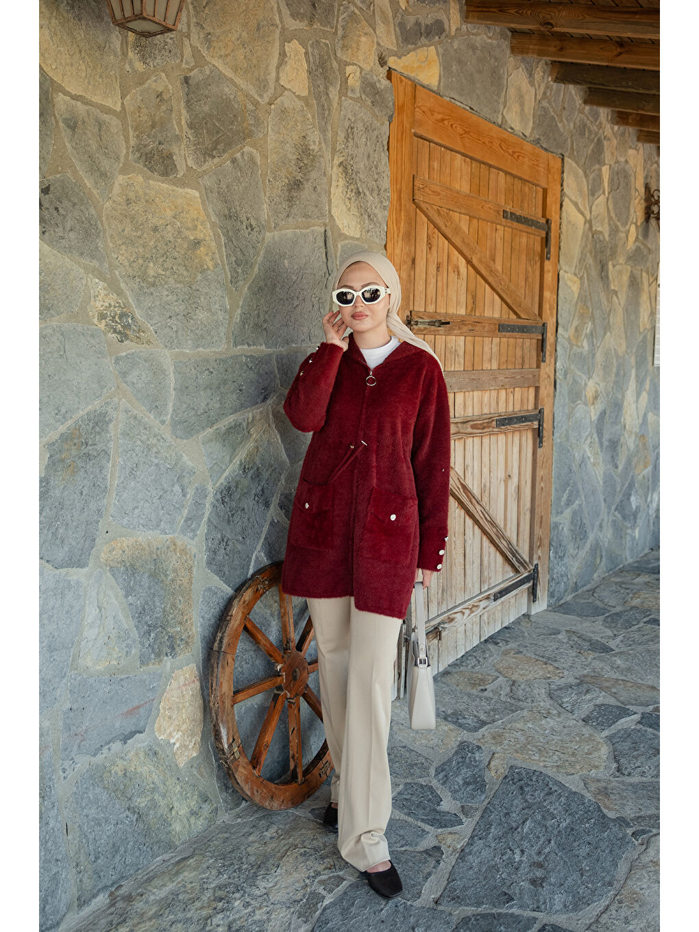 Kadın Kapüşonlu Triko Ceket Bordo-2