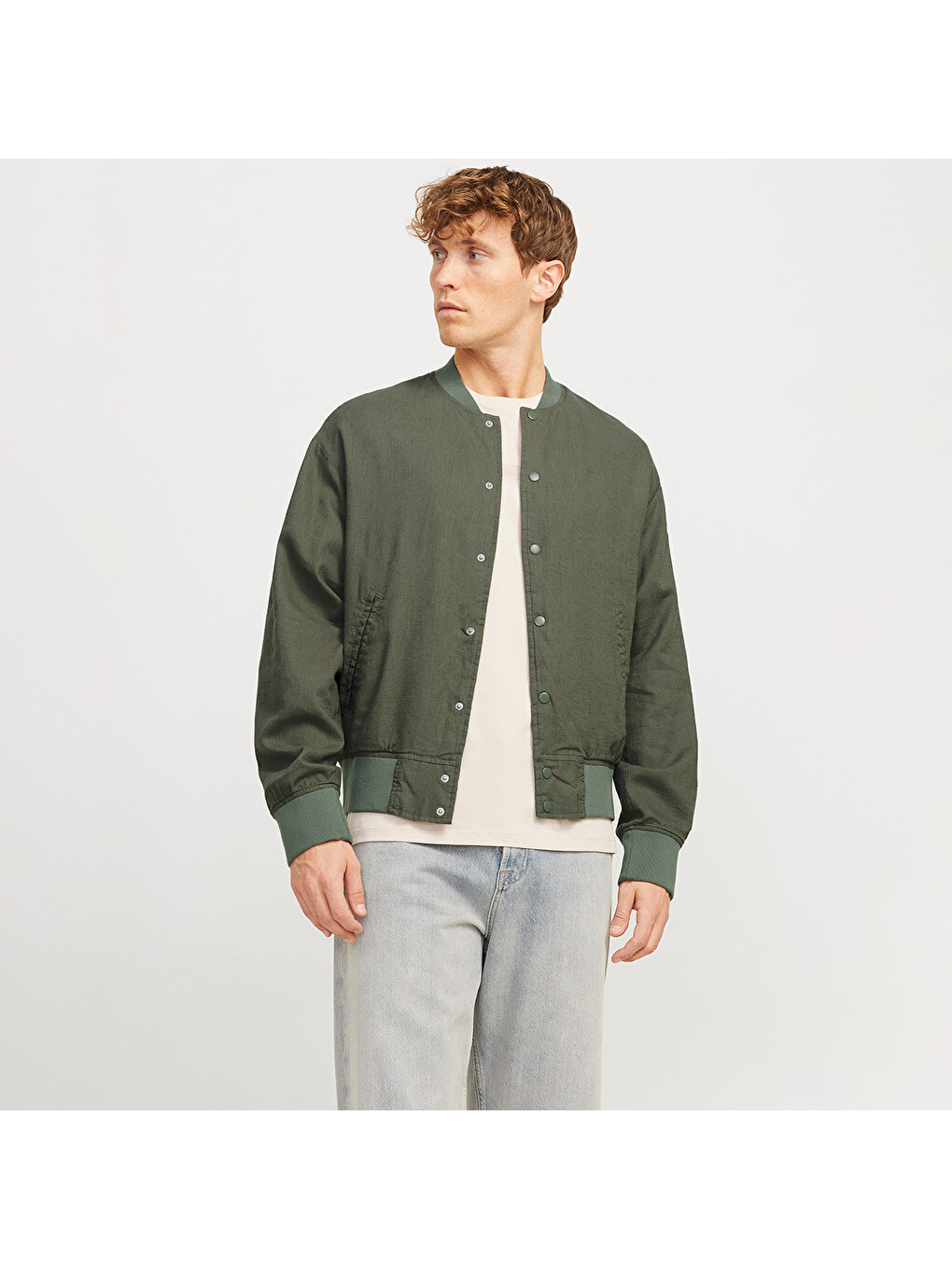 Ario Linen Bomber Erkek Haki Yuvarlak Yaka Ceket