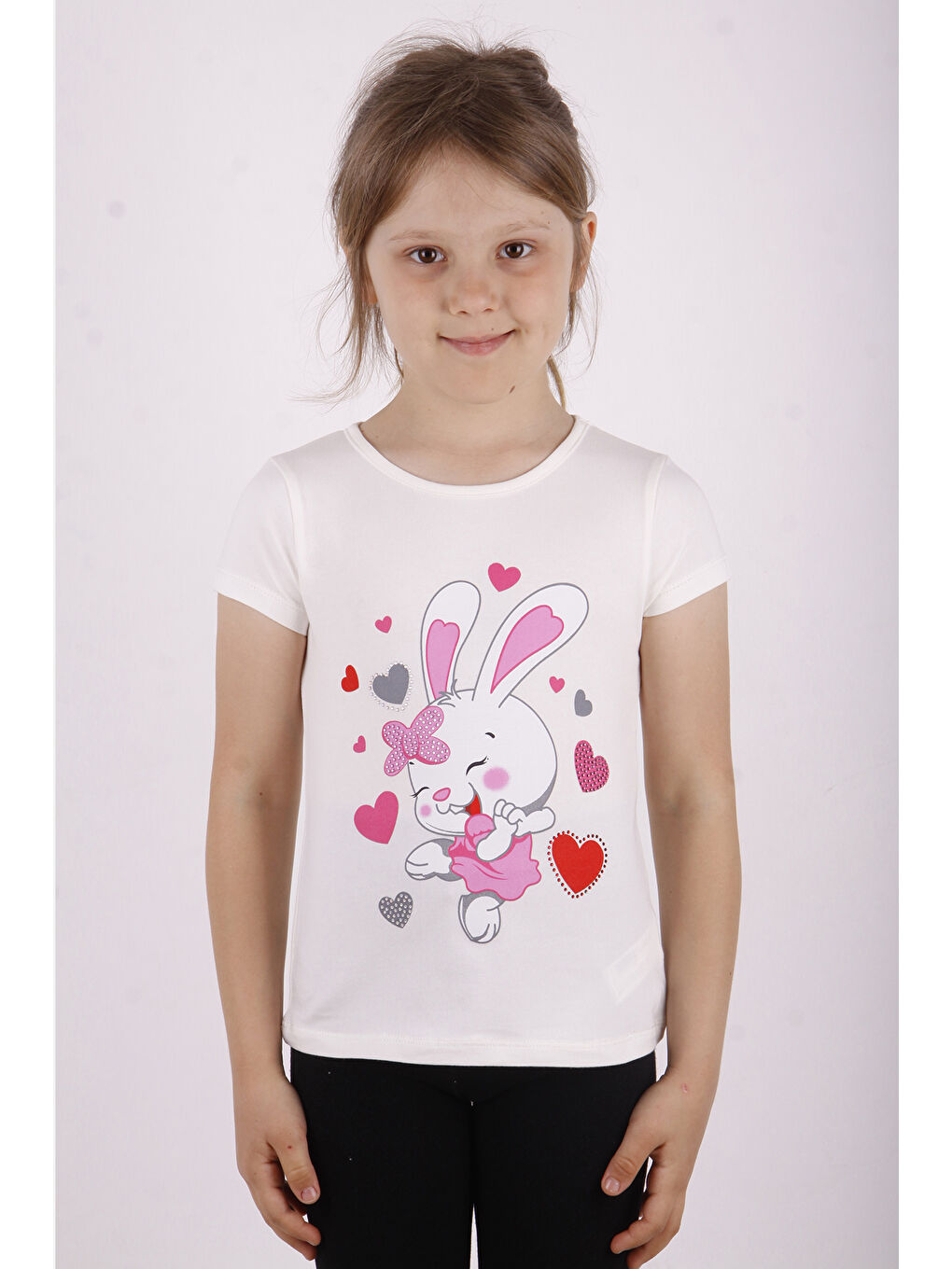 Ekru Kız Çocuk Kalpli Tavşan Baskılı Tişört