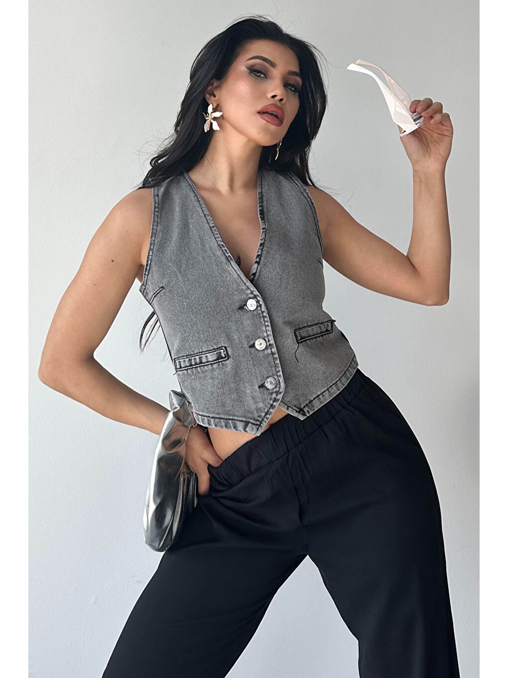 Flotalı Jean Yelek Gri - 27300