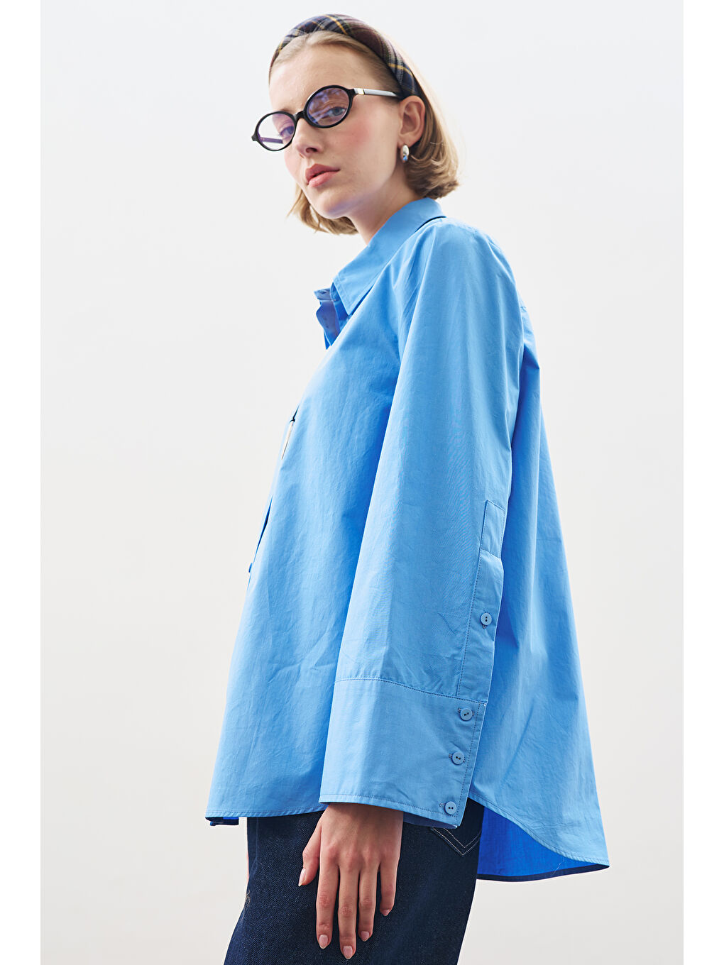 Geniş Manşetli Klasik Gömlek Mavi-3