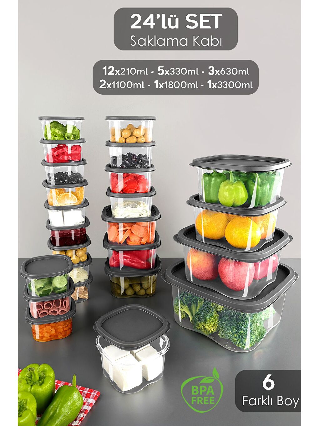 Gri 24'lü Kare Erzak Gıda Saklama Kabı Seti Antrasit