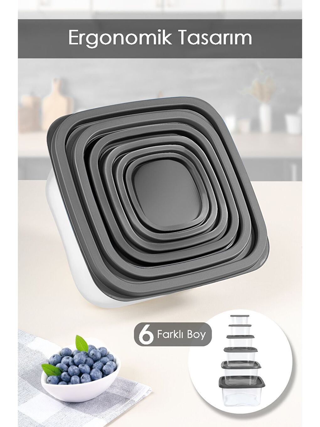 Gri 24'lü Kare Erzak Gıda Saklama Kabı Seti Antrasit-3