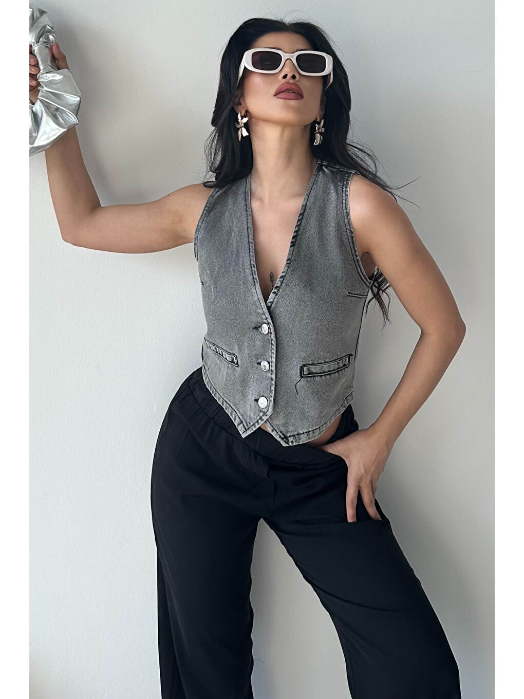 Flotalı Jean Yelek Gri - 27300-1