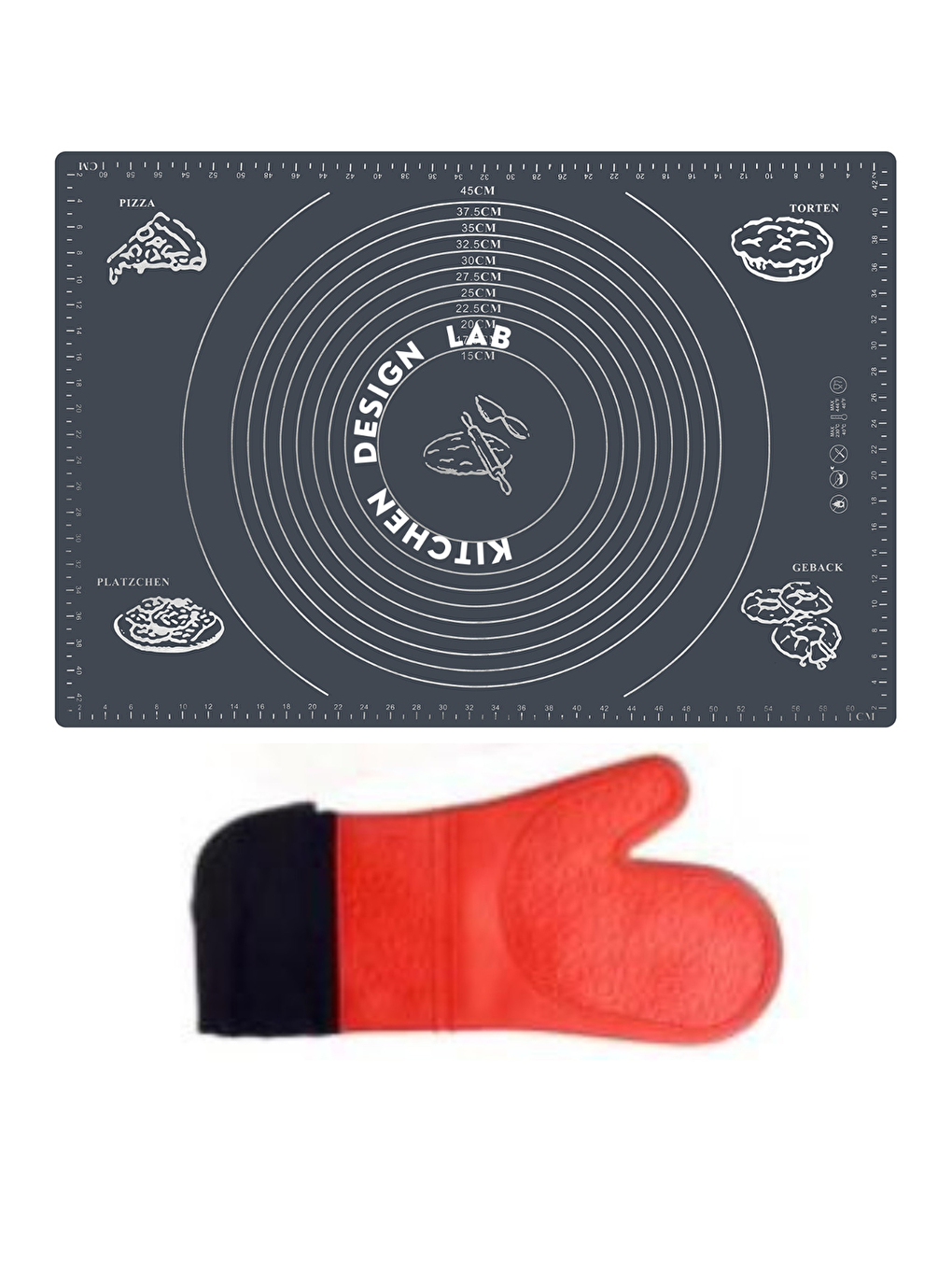 2'li Set Gri 45x65 Cm Silikon Hamur Açma Matı Ve Kırmızı Silikon Yanmaz Mutfak Fırın Eldiveni