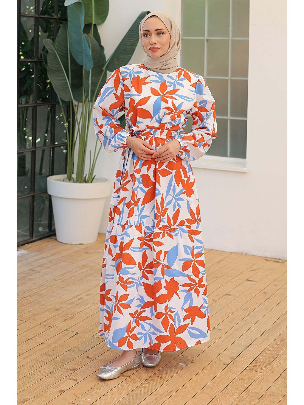 Desenli Kolu Büzgülü Elbise Açik Mavi - 26619