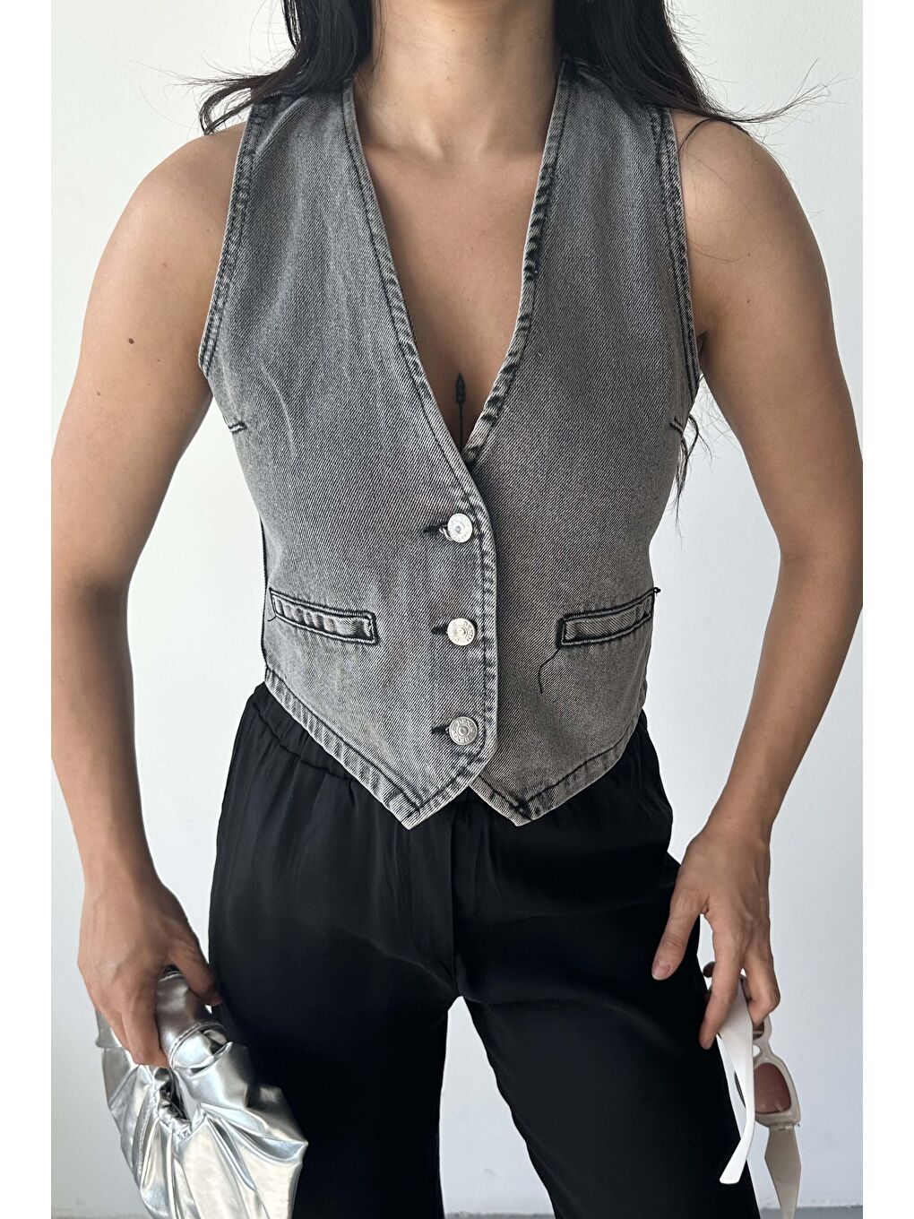 Flotalı Jean Yelek Gri - 27300-2