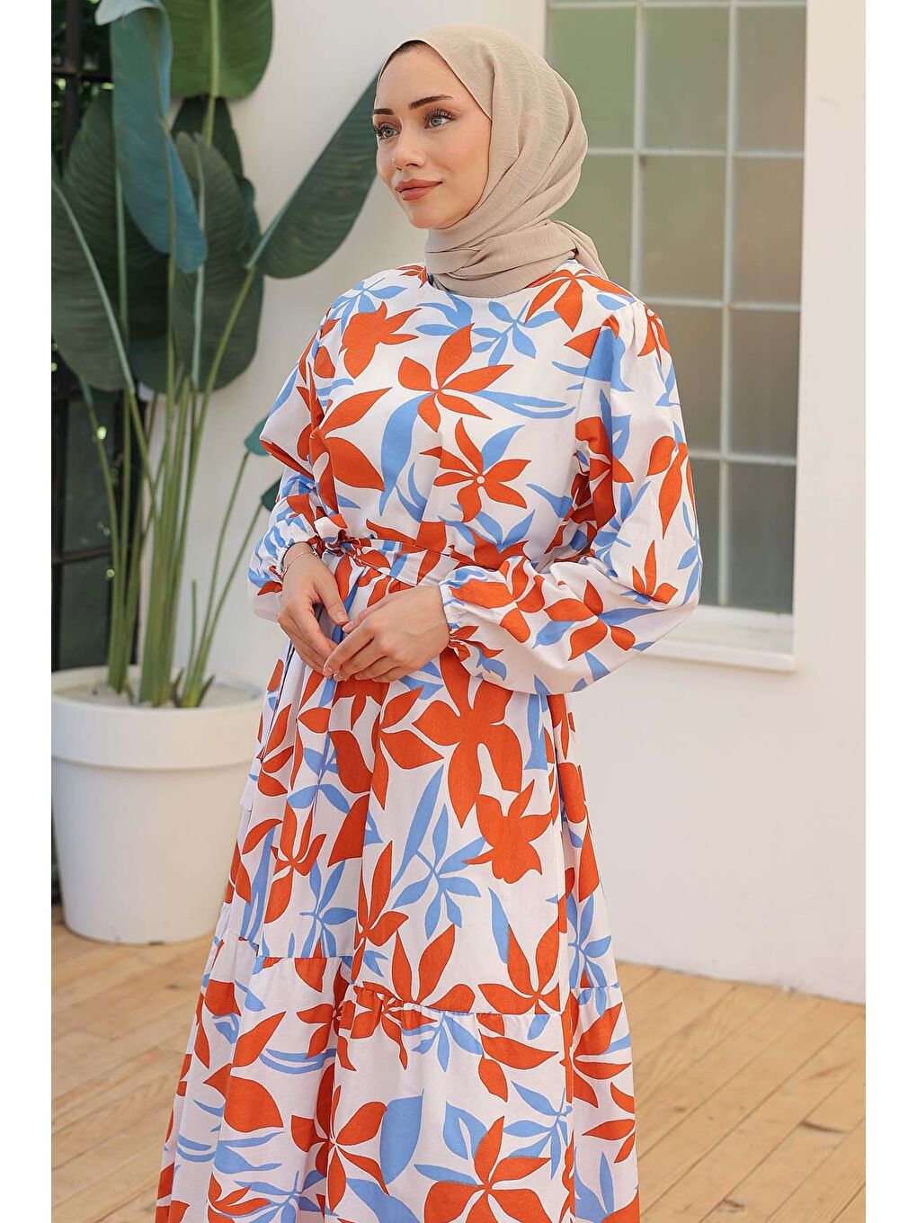 Desenli Kolu Büzgülü Elbise Açik Mavi - 26619-2