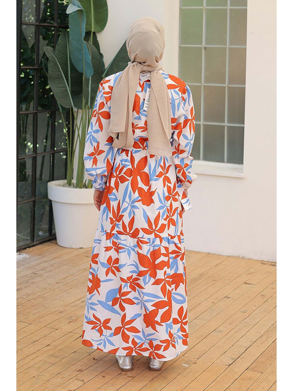 Desenli Kolu Büzgülü Elbise Açik Mavi - 26619-4