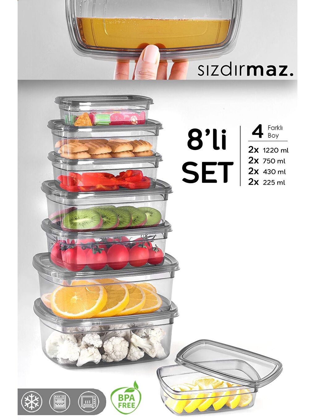 8 li Sızdırmaz Saklama Kabı Seti Düzenleyici Organizer Erzak Kabı 2x 225 430 750 1220 ml Antrasit