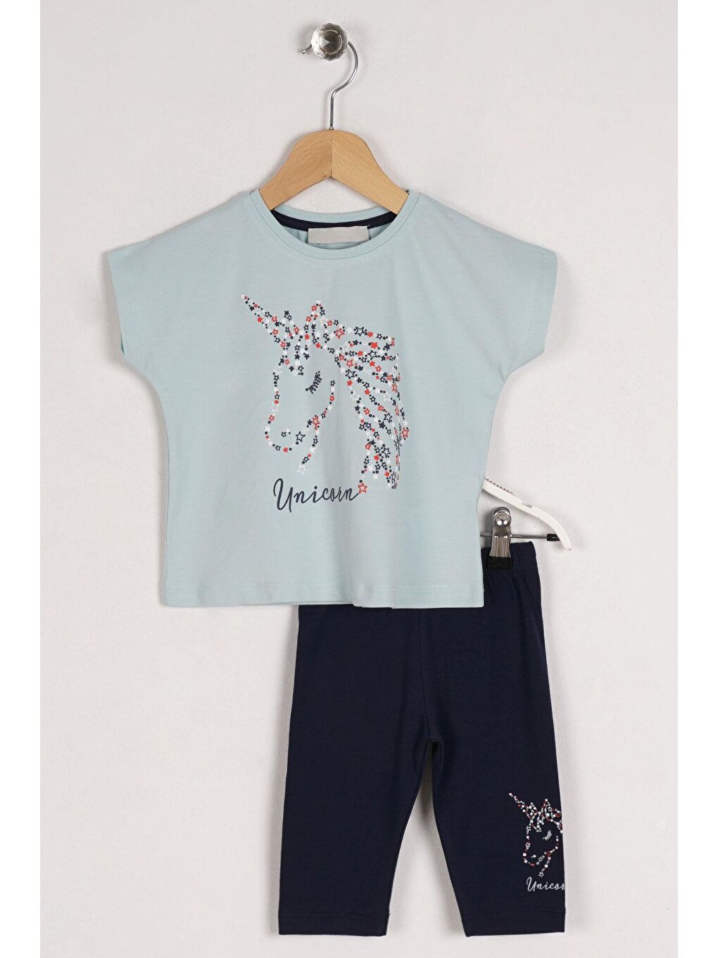 Bisiklet Yaka Yarım Kol Mint Lacivert Renk Kız Çocuk Taytlı Takım