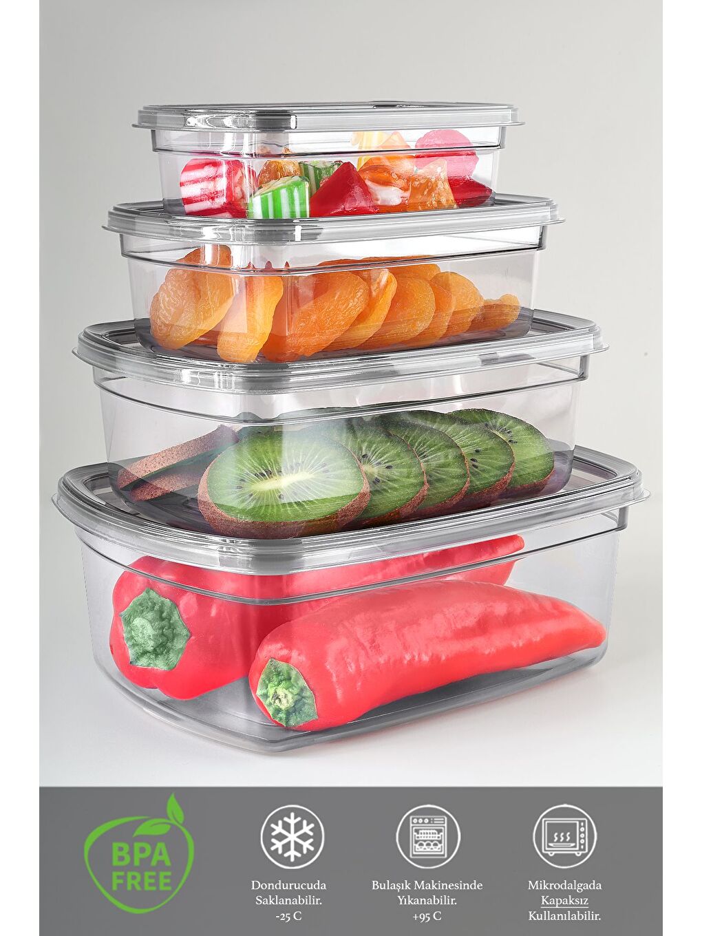 8 li Sızdırmaz Saklama Kabı Seti Düzenleyici Organizer Erzak Kabı 2x 225 430 750 1220 ml Antrasit-2