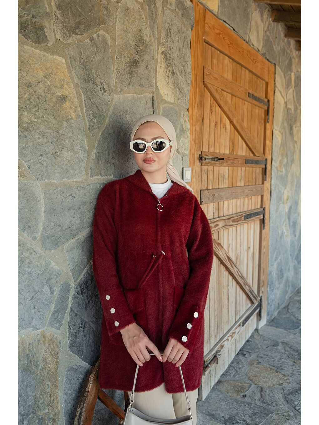 Kadın Kapüşonlu Triko Ceket Bordo-3