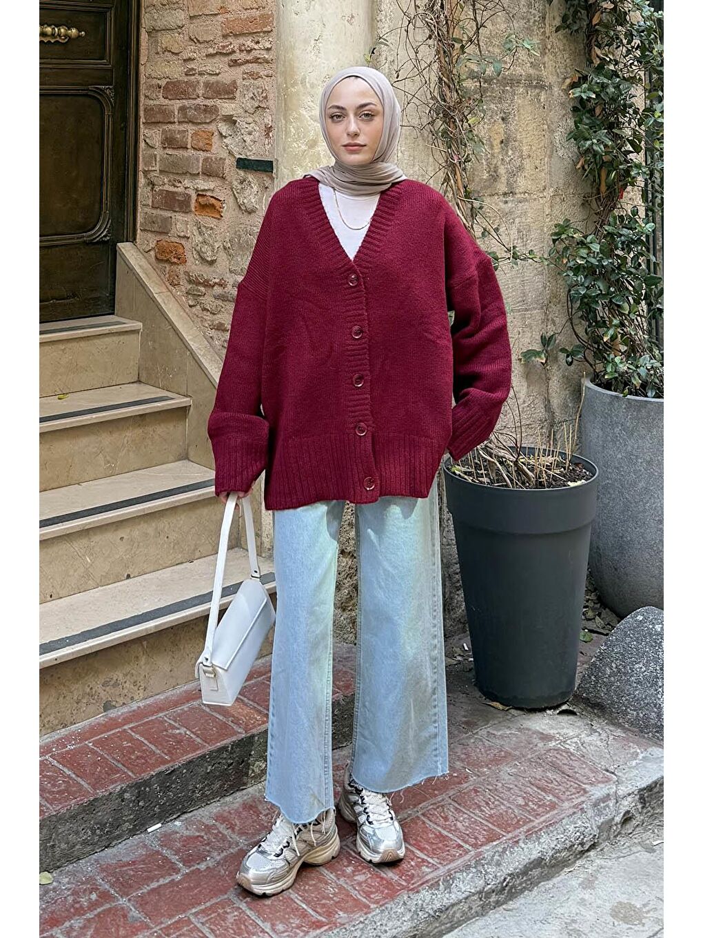 Salaş Dokulu Basic Hırka Bordo